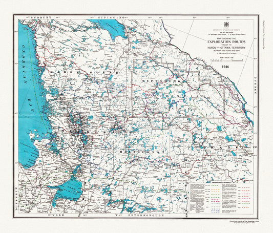 Exploration routes through the Huron and Ottawa Territory between the years 1615 - 1854 in the province of Ontario, 1946, canvas, 22x27"