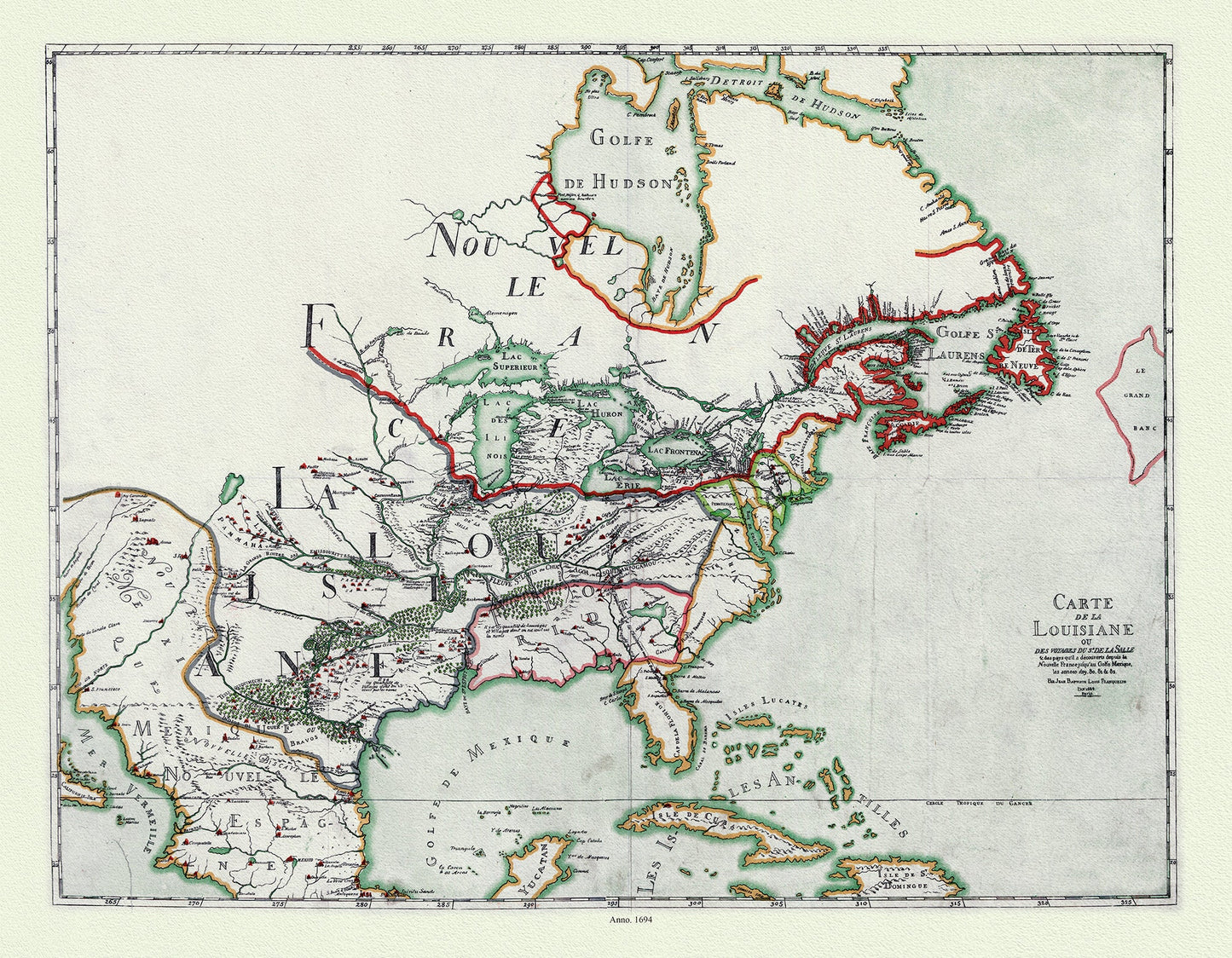 Franquelin (1850), Carte de la Louisiane ou des voyages du Sr. De La Salle, 1684 Ver. 1 , map on heavy cotton canvas, 22x27" approx.