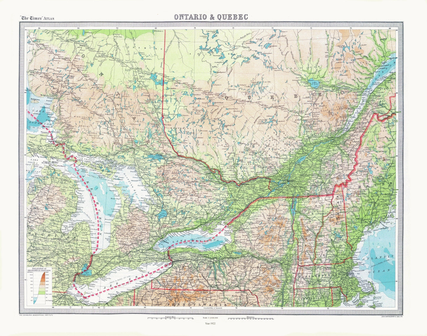 Bartholomew, Ontario & Quebec, 1922 , map on heavy cotton canvas, 22x27" approx.