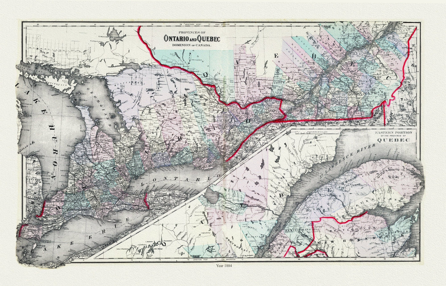 Gray, Ontario and Quebec, 1884, map on heavy cotton canvas, 22x27" approx.