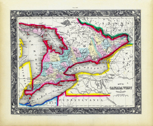 Mitchell, Map Of Canada West In Counties, 1860, map on heavy cotton canvas, 22x27" approx.