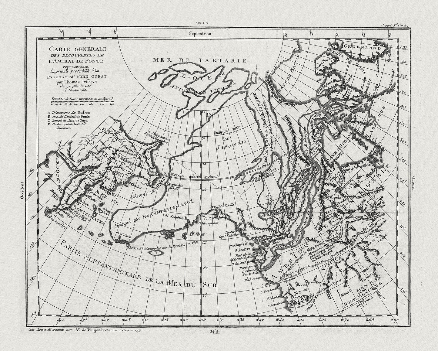 Vaugondy, Carte Générale des Découvertes de l'Amiral de Fonte (Northwest Passage), 1772, map on heavy cotton canvas, 22x27" approx.