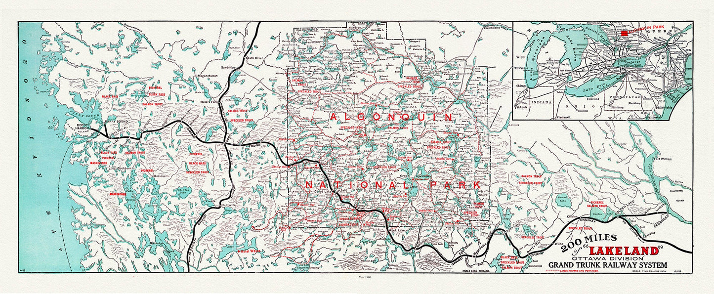 Algonquin-Haliburton: Grand Trunk Railway, Historic Algonquin Park Map, 1906, map on heavy cotton canvas, 22x27" approx.