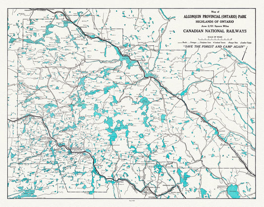 Historic Algonquin Park, Canadian National Railways, 1926, map on heavy cotton canvas, 22x27" approx.