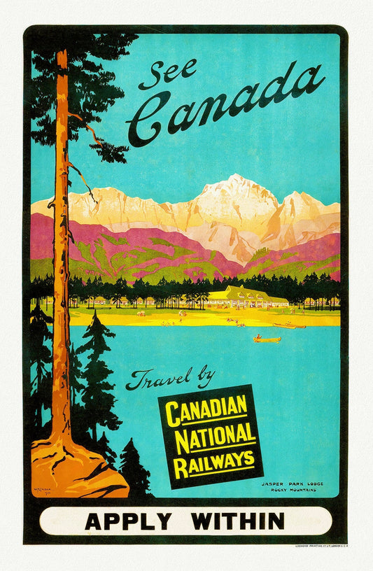 Canadian National Railways, See Canada, Jasper Park Lodge, c.1950 , travel poster on heavy cotton canvas, 22x27" approx.