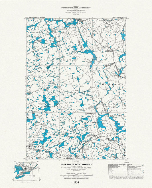 Historic Algonquin Park Map, Haliburton East, National Topographic Series, 1938, map on heavy cotton canvas, 22x27" approx.