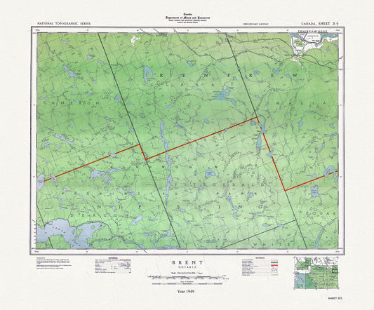 Historic Algonquin Park Map, Brent, National Topographic Series, 1949 , map on heavy cotton canvas, 20x27" approx.