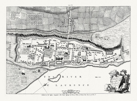 Jefferys,  Town and Fortifications of Montreal or Ville Marie in Canada, 1758, map on heavy cotton canvas, 20x27" approx.