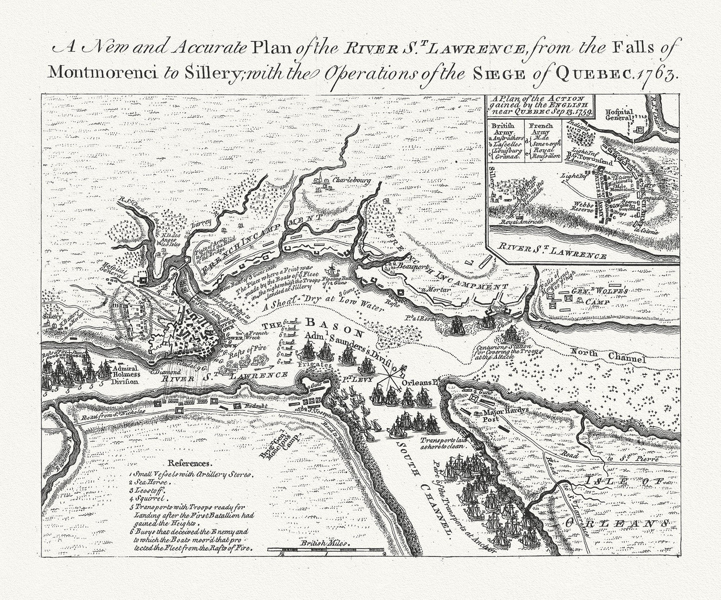 Plan of the river St. Laurence, the falls of Montmorency to Sillery., with the siege of Quebec, 1763, map on cotton canvas, 20x27" approx