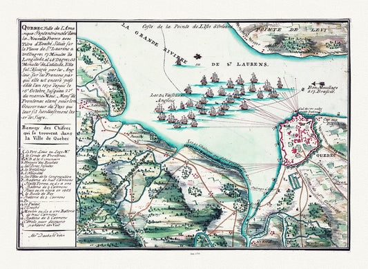 Qubbec, ville de l'Amerique septentrionale dans la Nouvelle France, 1755, map on heavy cotton canvas, 20x27" approx.