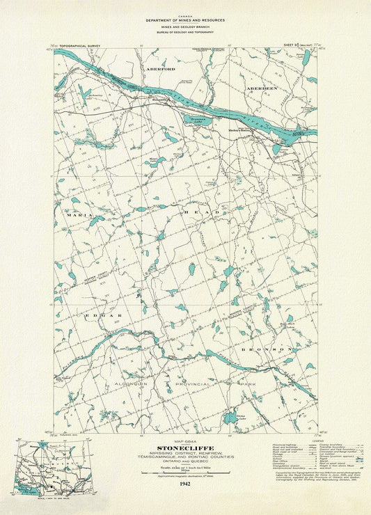 Historic Algonquin Park Map, Stonecliffe ,National Topographic Series, 1942, map on heavy cotton canvas, 20 x 25" approx.