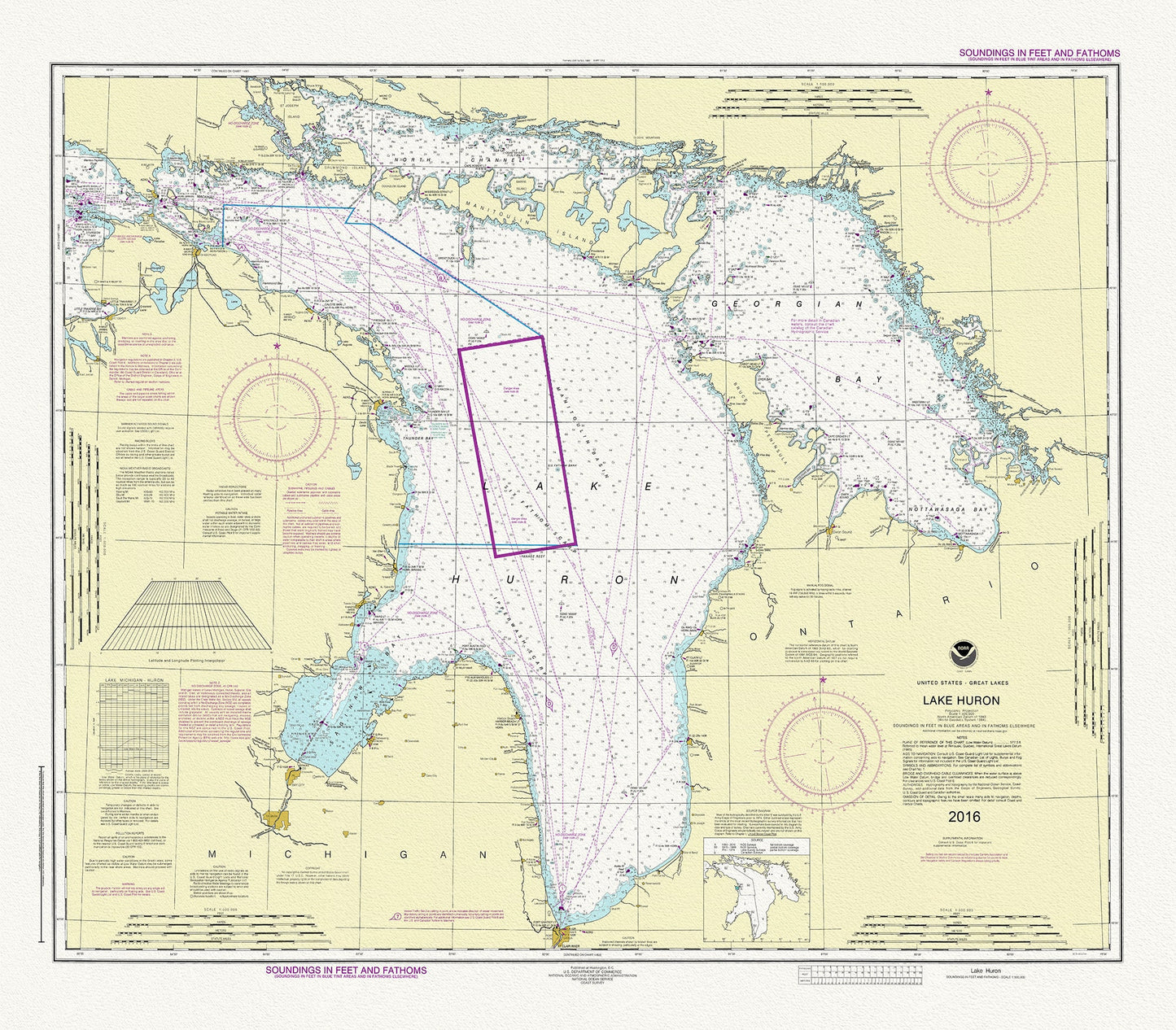 Chart of Lake Huron, 2016, map on heavy cotton canvas, 24 x 27" approx.