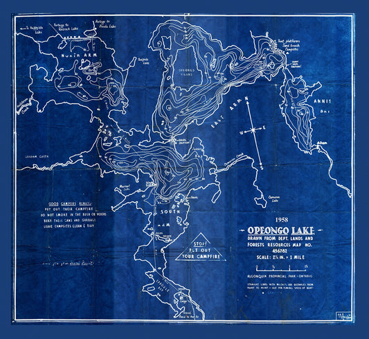 Historic Algonquin Park Map, Depth Map, Opeongo Lake, 1958 Cyanotype , map on heavy cotton canvas, 20x27" approx