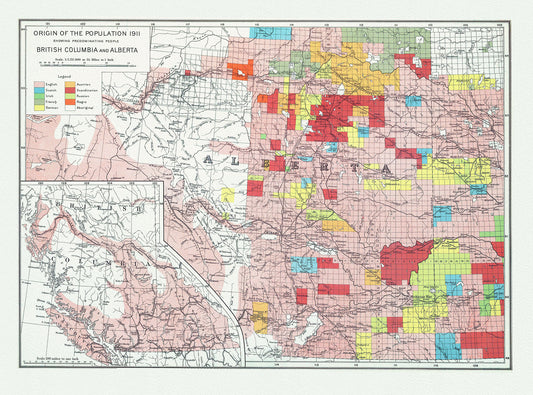 British Columbia and Alberta, Canada Department of the Interior et Chalifour-Origin of the population,1915 , map on cotton canvas, 20x27"