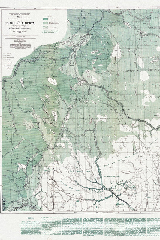 Northern Alberta, Map showing wooded and prairie tracts, etc.,by J.B. Tyrrell, 1884 , map on heavy cotton canvas, 20x27" approx.