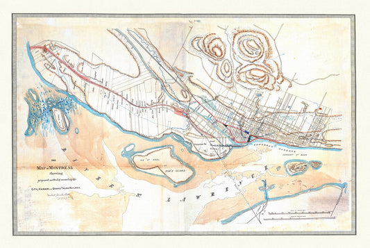 Sketch Map of Montreal and the proposed connection of the Grand Trunk Railway, 1860 , map on heavy cotton canvas, 20x27" approx.