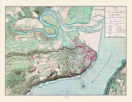 Plan of the city and environs of Quebec, with its siege and blockade by the Americans from  1775-1776,, map on cotton canvas, 20x27" approx.