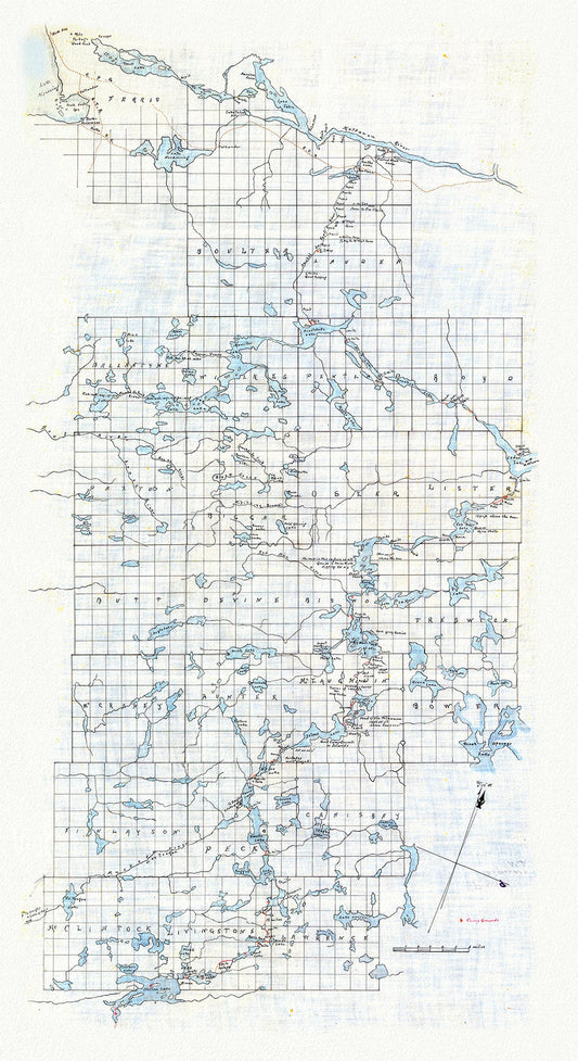 Historic Algonquin Park Map  (Hand drawn), Kawagama to North Bay via Algonquin, c. 1916 , map on heavy cotton canvas, 20 x 25" approx.