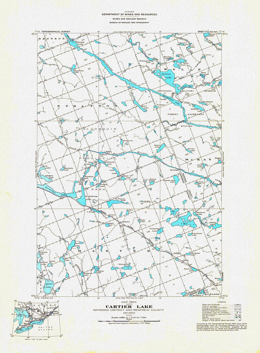 Historic Algonquin Park Map, Cartier Lake,  National Topographic Series, 1944 , map on heavy cotton canvas, 20 x 25" approx.