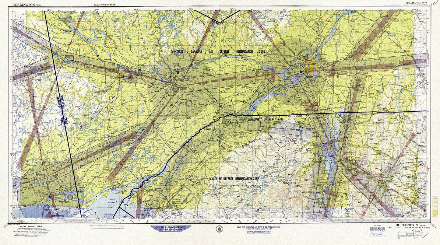 Aeronautical Chart,  Ontario, South Eastern Section, 1952 , map on heavy cotton canvas, 20 x 27" approx.