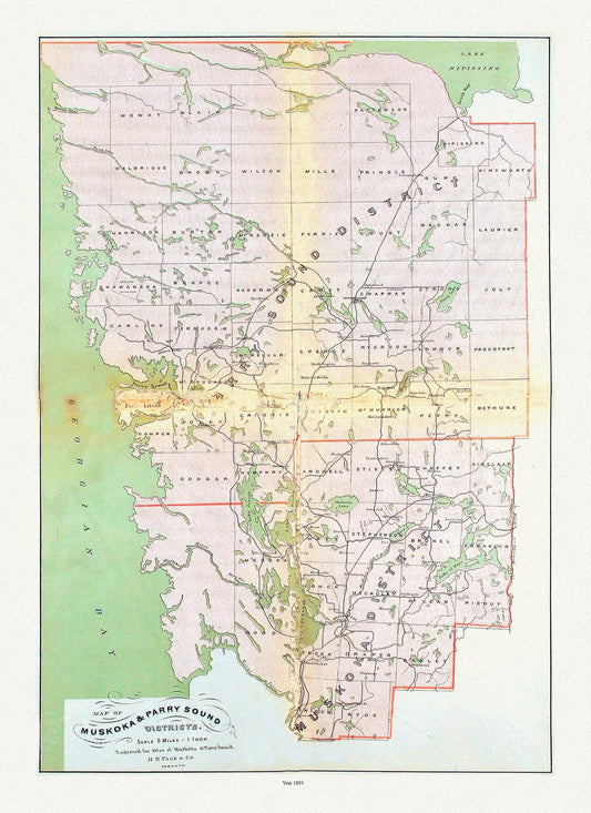 Muskoka & Parry Sound District, 1893 , map on heavy cotton canvas, 20 x 25" approx.