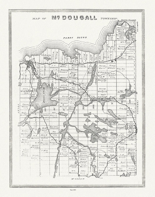 Muskoka-Haliburton, McDougall Township, 1893, map on heavy cotton canvas, 20 x 25" approx.