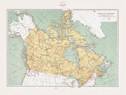 Canada, Routes of explorers, Chalifour (auth.), 1915, map on heavy cotton canvas, 20 x 25" approx.