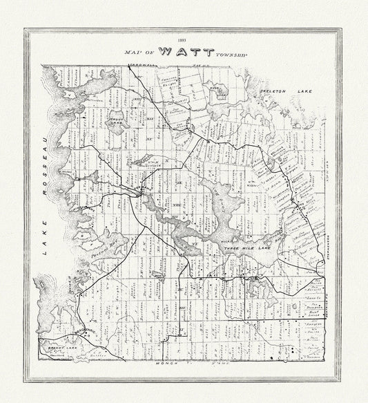 Muskoka-Haliburton, Watt Township, 1893 , map on heavy cotton canvas, 20 x 25" approx.