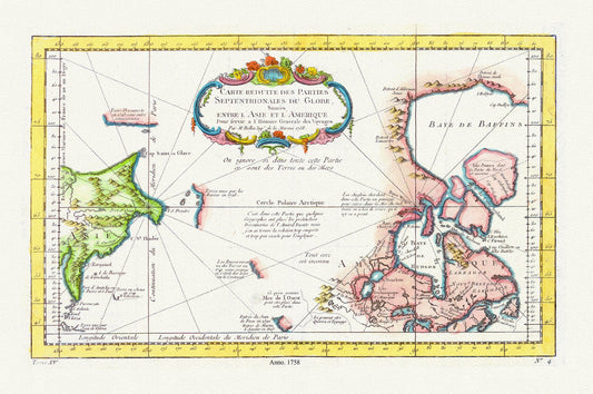 Carte reduite des parties septentrionales du globe, situees entre l'Asie et l'Amerique ,1758  , map on heavy cotton canvas, 20 x 25" approx.