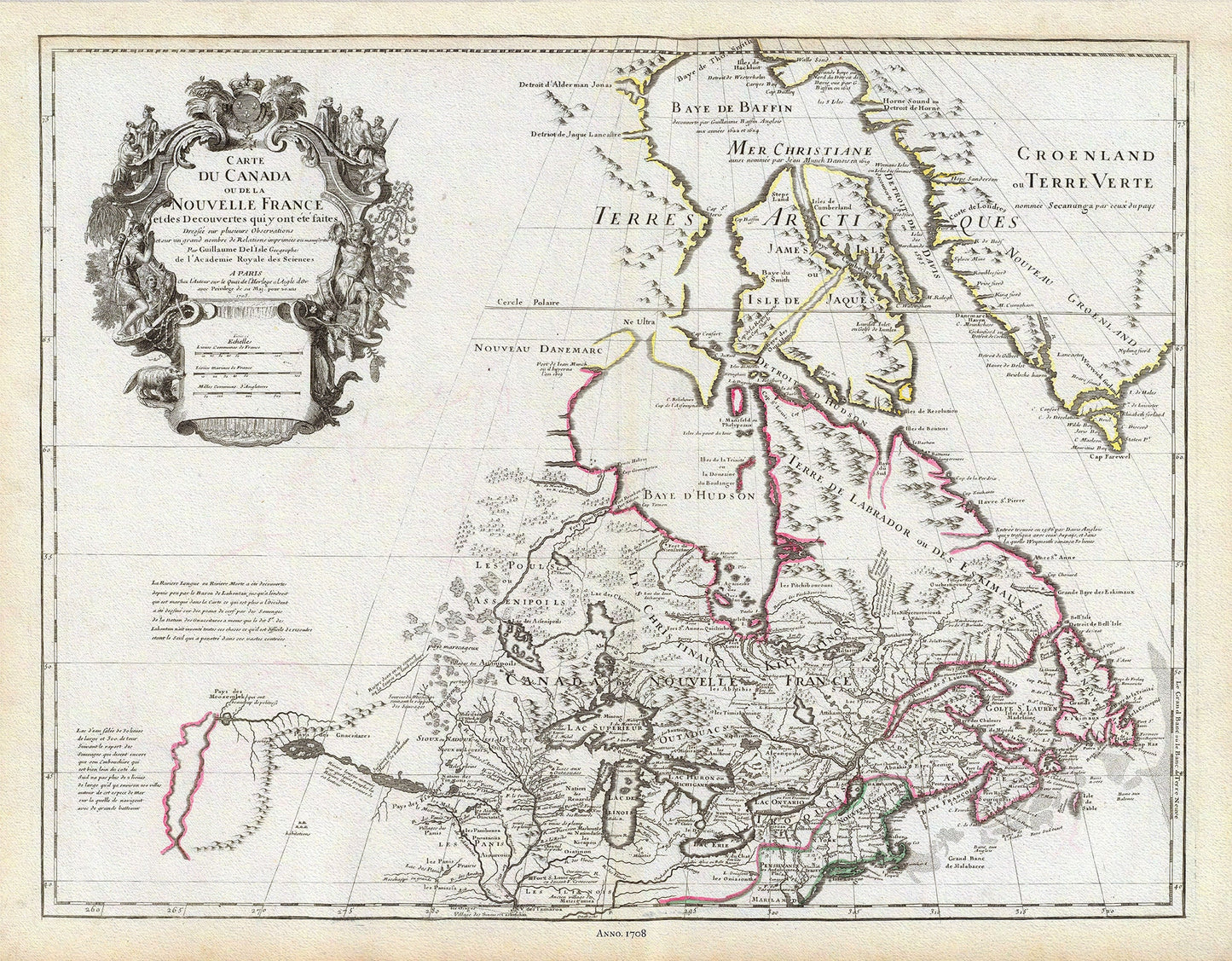 Delisle, Le Canada, 1708 , map on heavy cotton canvas, 20 x 25" approx.