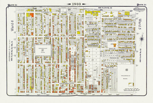 Plate 31, Toronto West, Dovercourt & Bloorcourt, North of Bloor St., 1910 , map on heavy cotton canvas, 20 x 30" approx.