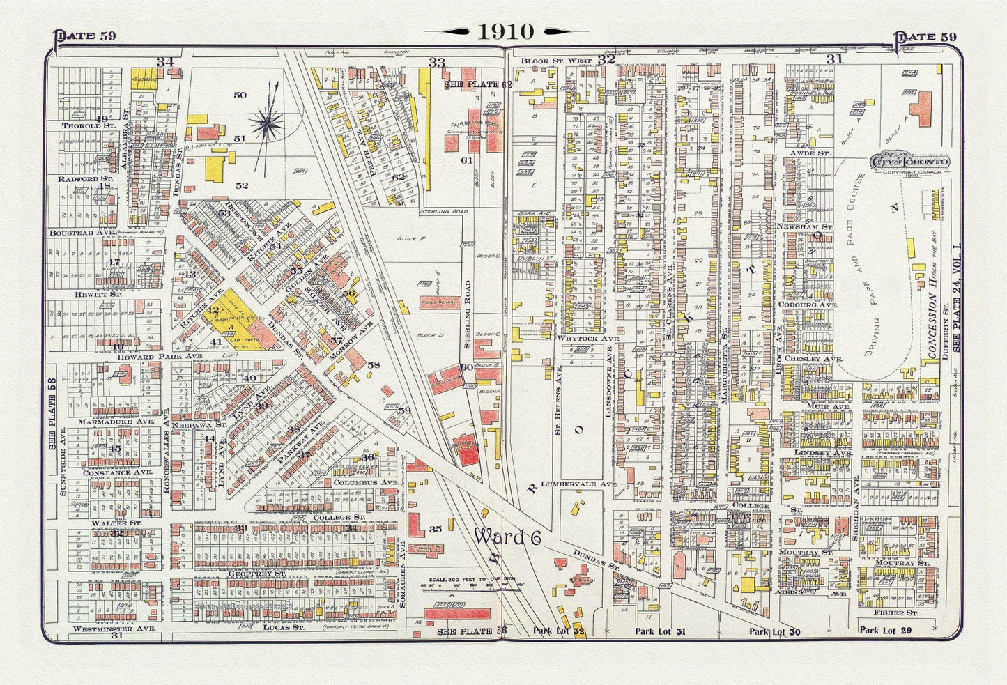 Plate 59, Toronto West, High Park East Side & Brockton, South of Bloor St., 1910 , map on heavy cotton canvas, 20 x 30" approx.