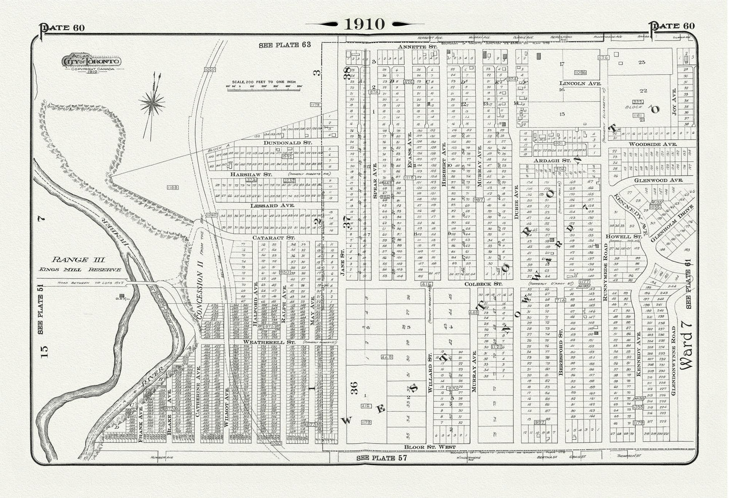 Plate 60, Toronto West, High Park West, Bloor West Village, 1910, map on heavy cotton canvas, 20 x 30" approx.