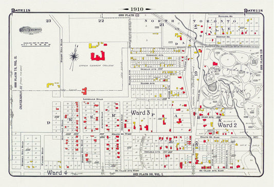 Plate 118, Toronto Uptown, Upper Canada College, Mount Pleasant, 1910 , map on heavy cotton canvas, 20 x 30" approx.