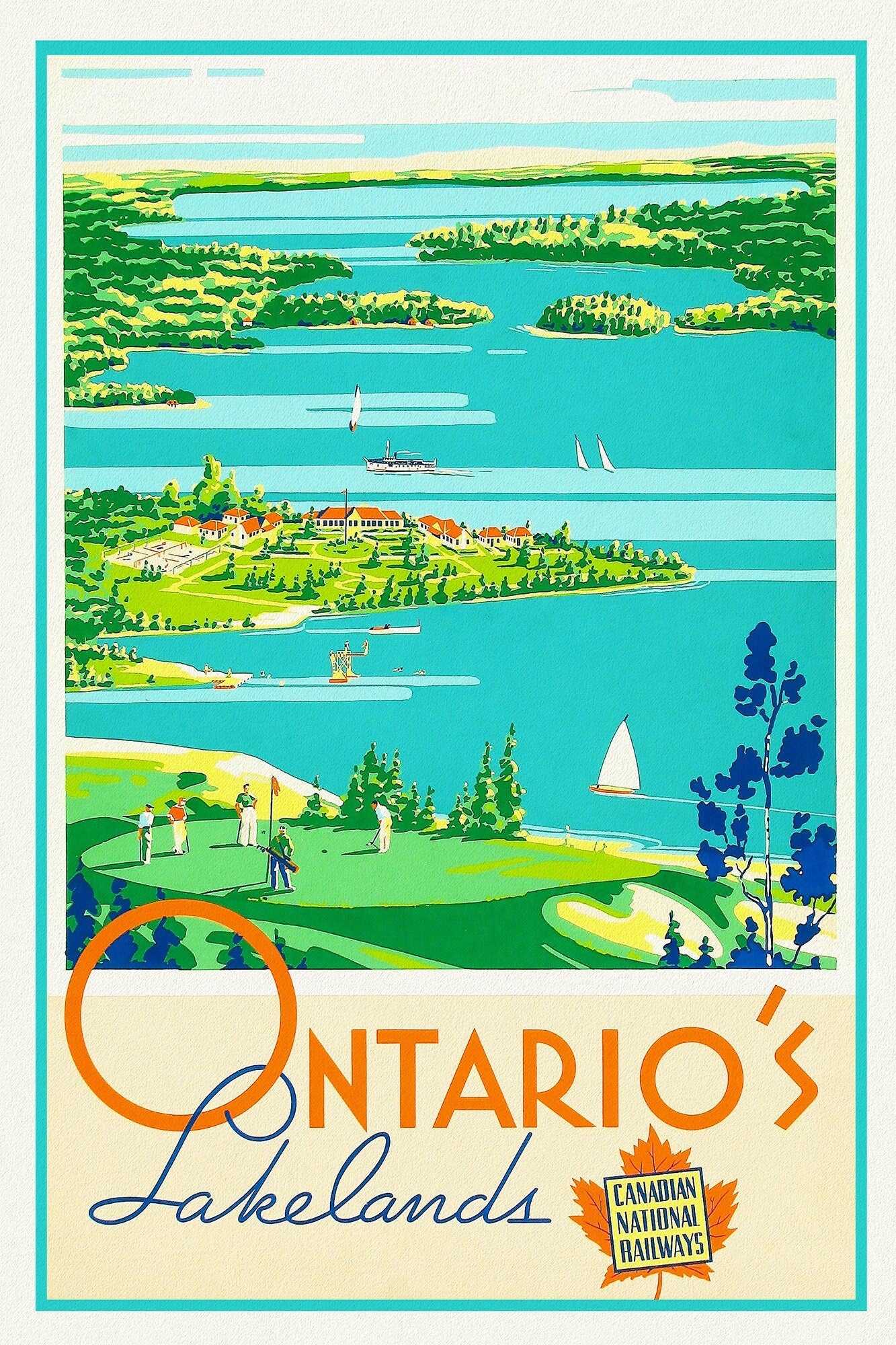 Ontario's Lakelands, Canadian National Railways , travel poster on heavy cotton canvas, 20x25" approx.