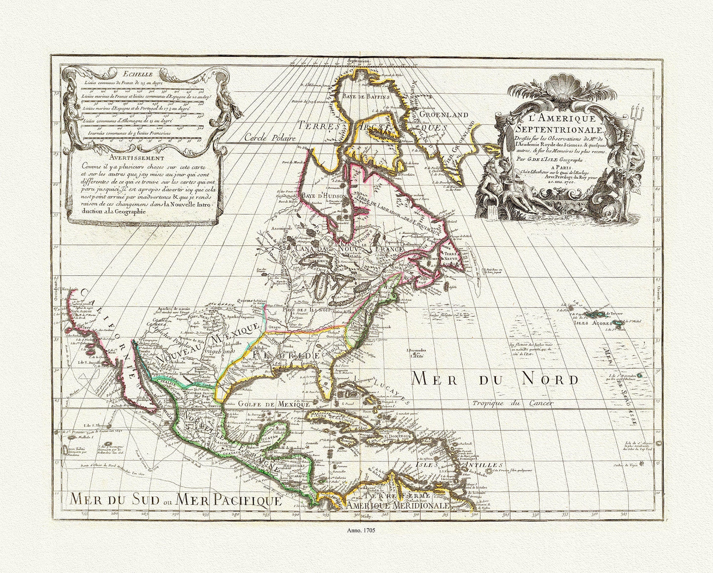 Delisle, (Guillaume de, 1675-1726) , L'Amerique Septentrionale, 1705  , map on heavy cotton canvas, 20 x 25" approx.