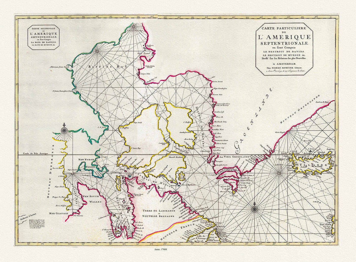 Jaillot, Mortier et Sanson, Carte Particuliere de l'Amerique Septentrionale, 1708, map on heavy cotton canvas, 20 x 25" approx.