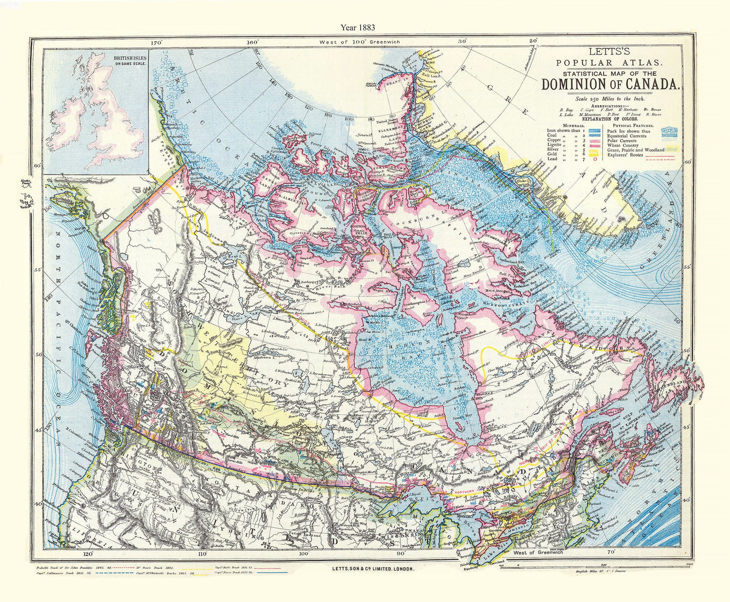 Letts, Dominion of Canada, 1883, map on heavy cotton canvas, 20 x 25" approx.