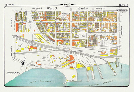 Plate 19, Toronto West, Waterfront, Foot of Bathurst St., 1910, map on heavy cotton canvas, 20 x 30" approx.