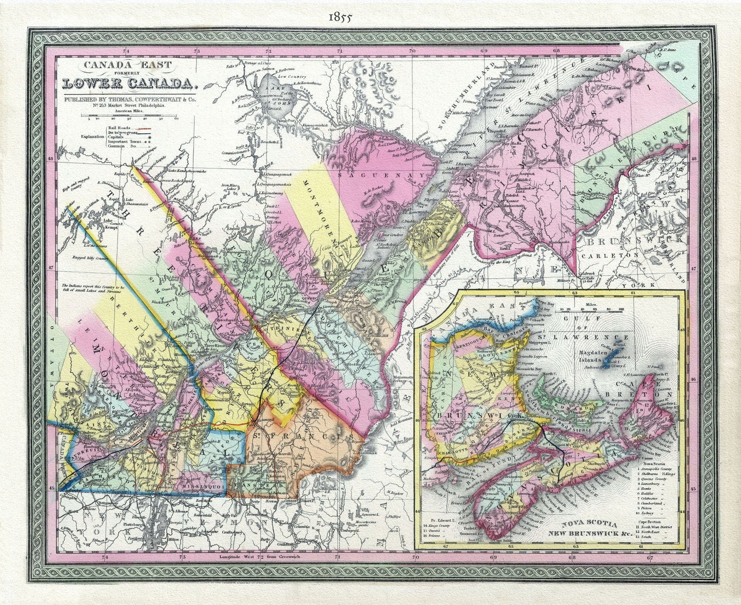 Lower Canada, 1855, Mitchell auth., map on heavy cotton canvas, 50 x 70cm, 20 x 25" approx.