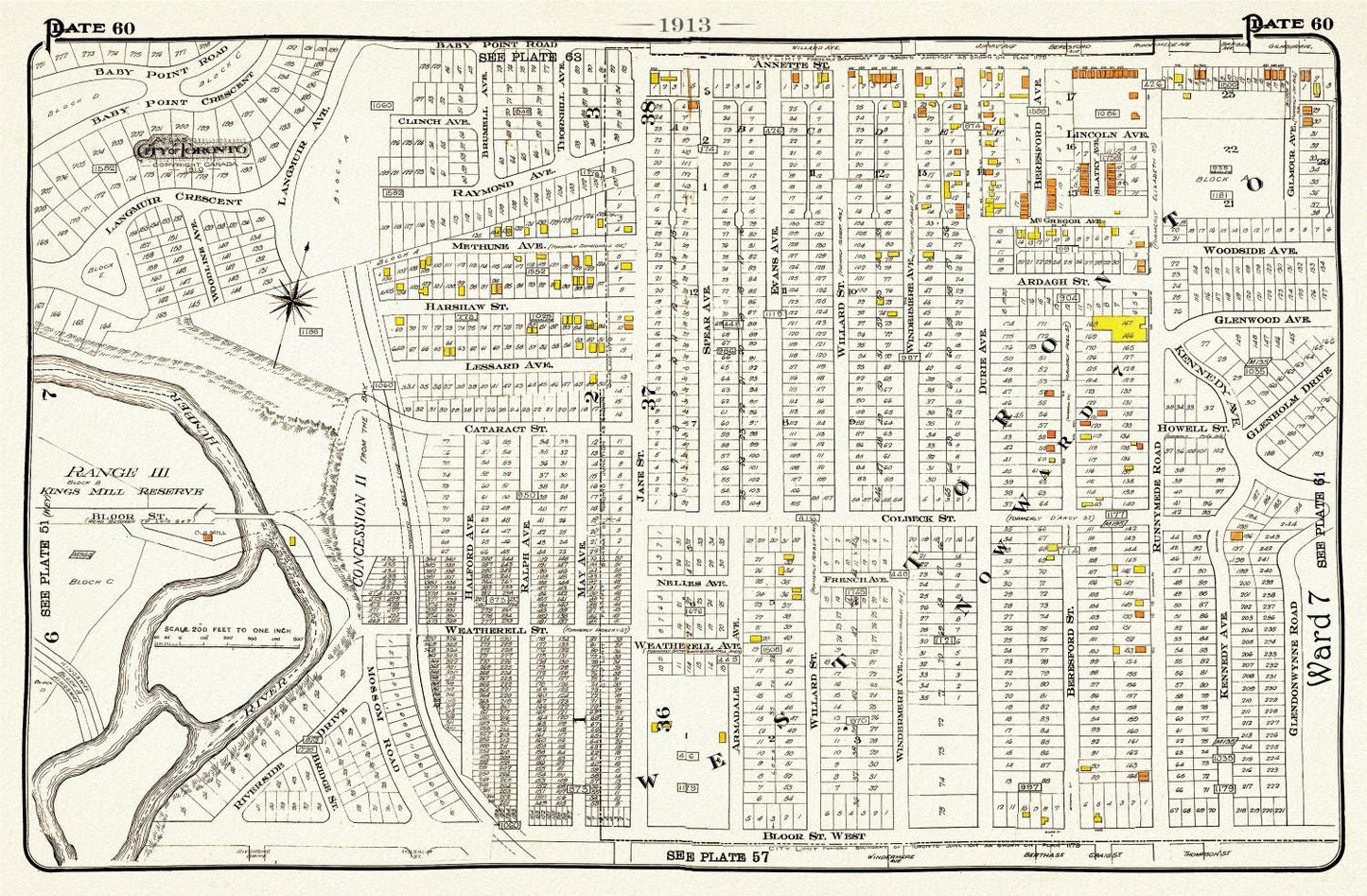 Plate 60, Toronto West, High Park, Bloor West Village North, 1913, map on heavy cotton canvas, 20 x 30" or 50 x 75cm. approx.