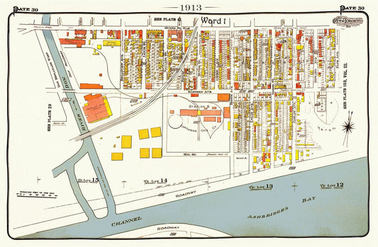 Plate 106, Toronto East, Waterfront, Leslieville, 1913, map on heavy cotton canvas, 20 x 30" or 50 x 75cm. approx.
