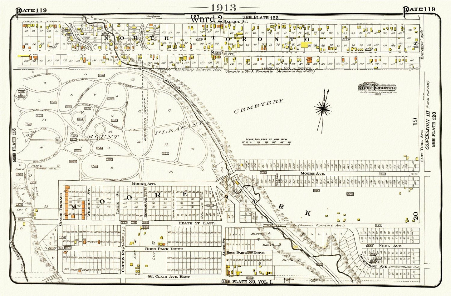 Plate 119, Toronto Uptown, Davisville, Mount. Pleasant Cemetery, 1913, map on heavy cotton canvas, 20 x 30" or 50 x 75cm. approx.