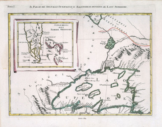 Zatta, Il Paese de' Selvaggi Outauacesi, e Kilistinesi Intorno al Lago Superiore, 1784 , map on heavy cotton canvas, 50x70cm  approx.