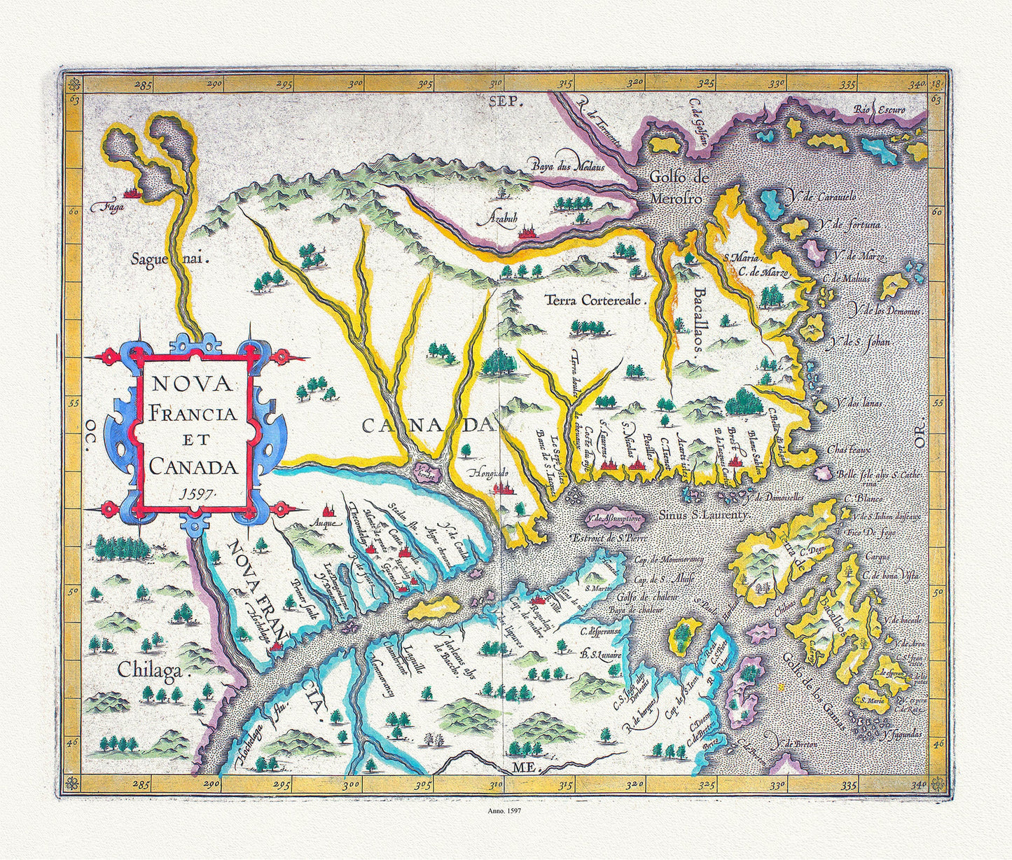 Nova Francia et Canada, 1597, , map on heavy cotton canvas, 50 x 70cm, 20 x 27" approx.