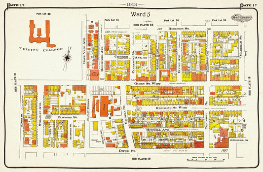 Plate 17, Toronto West, Parkdale, Trinity, Bellwoods, 1913, map on heavy cotton canvas, 20 x 30" approx.