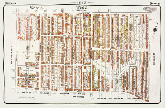 Plate 24, Toronto West, Brockton, Parkdale, Dufferin Grove, 1913, map on heavy cotton canvas, 20 x 30" approx.