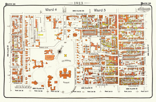 Plate 26, Toronto Central West, Queens Park, 1913, map on heavy cotton canvas, 20 x 30" approx.