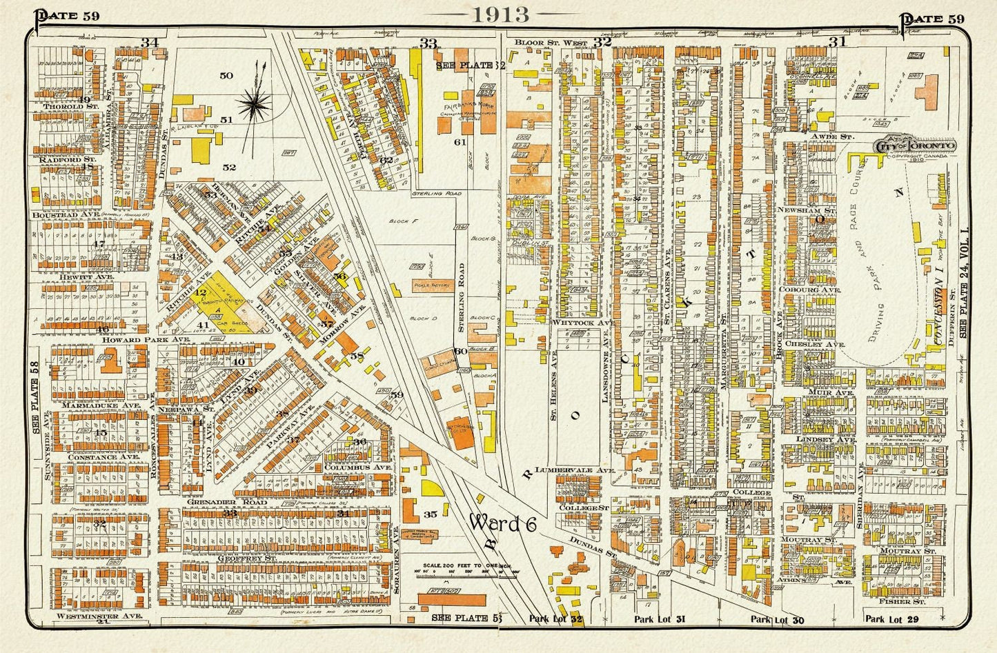 Plate 59, TorontoWest, Roncesvalles, Brockton North, 1913, map on heavy cotton canvas, 20 x 30" or 50 x 75cm. approx.