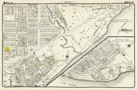 Plate 83, Toronto West, South Etobicoke South, Mimico, 1913, map on heavy cotton canvas, 20 x 30" or 50 x 75cm. approx.